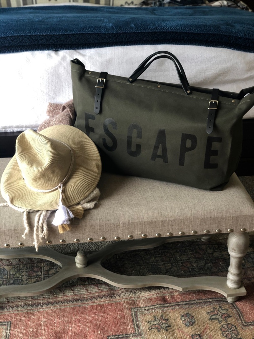 Olive Canvas Weekender Bag with Black Handles
